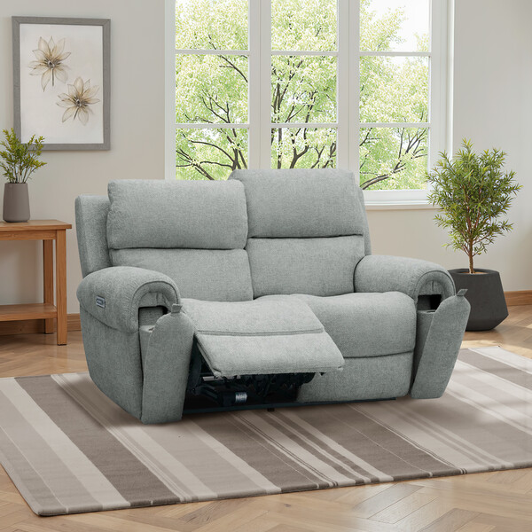 Hopsack Platinum Fabric Sofas - 2 Seater Recliner with Power Headrests - Ezra Range - Oak Furnitureland