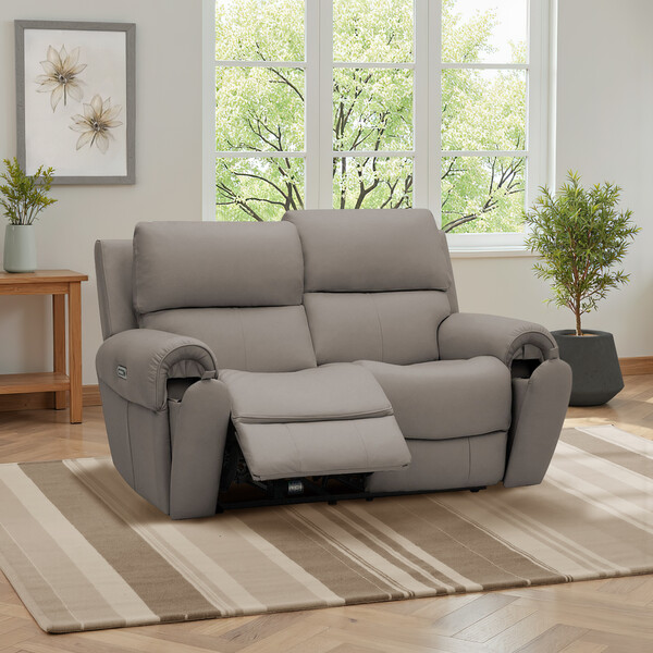 Oyster Leather Sofas - 2 Seater Recliner with Power Headrests - Ezra Range - Oak Furnitureland