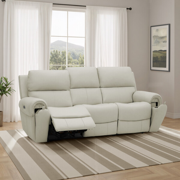 Bone China Leather Sofas - 3 Seater Recliner with Power Headrests - Ezra Range - Oak Furnitureland