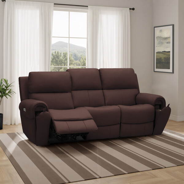 Chestnut Leather Sofas - 3 Seater Recliner with Power Headrests - Ezra Range - Oak Furnitureland