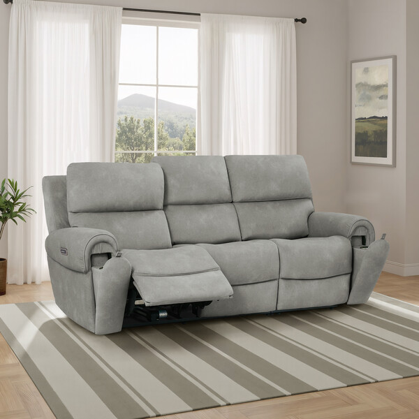 Dexter Stone Fabric Sofas - 3 Seater Recliner with Power Headrests - Ezra Range - Oak Furnitureland