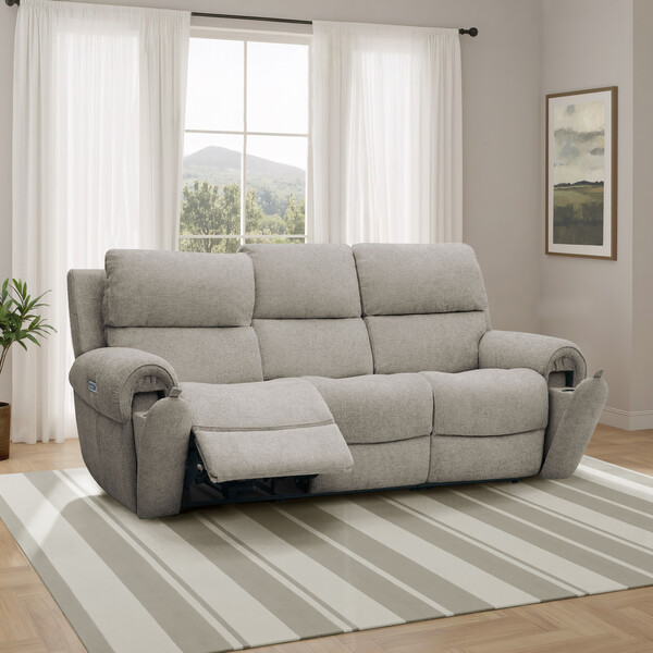 Hopsack Linen Fabric Sofas - 3 Seater Recliner with Power Headrests - Ezra Range - Oak Furnitureland