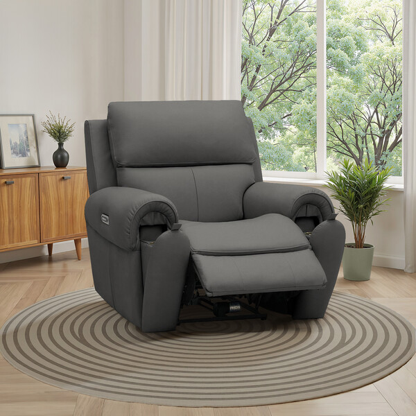 Elephant Grey Leather Sofas - Electric Recliner Armchair - Ezra Range - Oak Furnitureland
