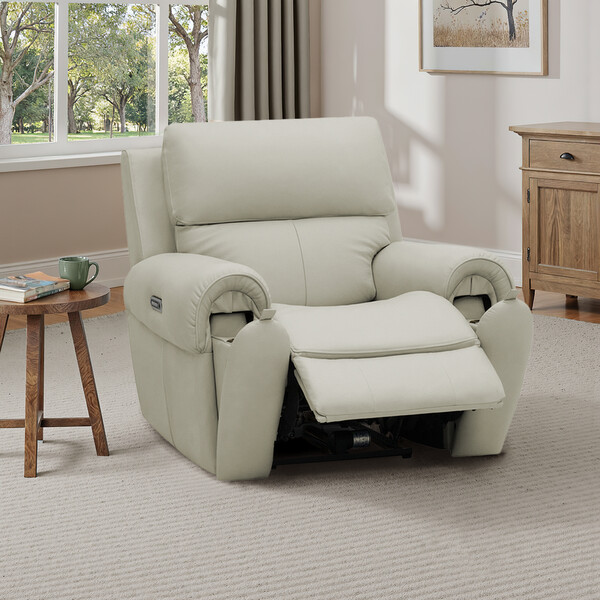 Bone China Leather Sofas - Electric Recliner Armchair with Power Headrest - Ezra Range - Oak Furnitureland