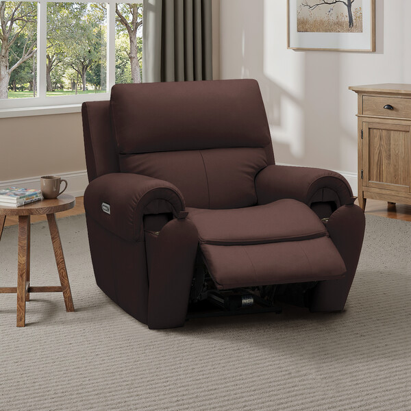 Chestnut Leather Sofas - Electric Recliner Armchair with Power Headrest  - Ezra Range - Oak Furnitureland