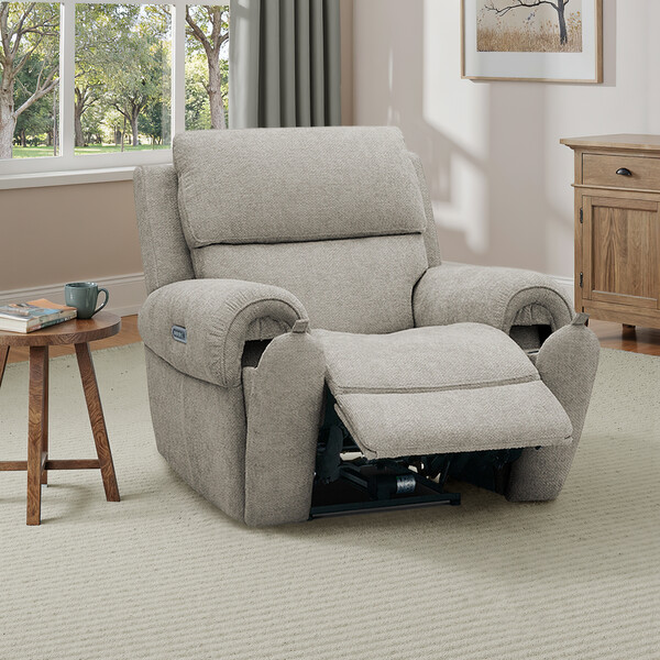 Hopsack Linen Fabric Sofas - Electric Recliner Armchair with Power Headrest - Ezra Range - Oak Furnitureland