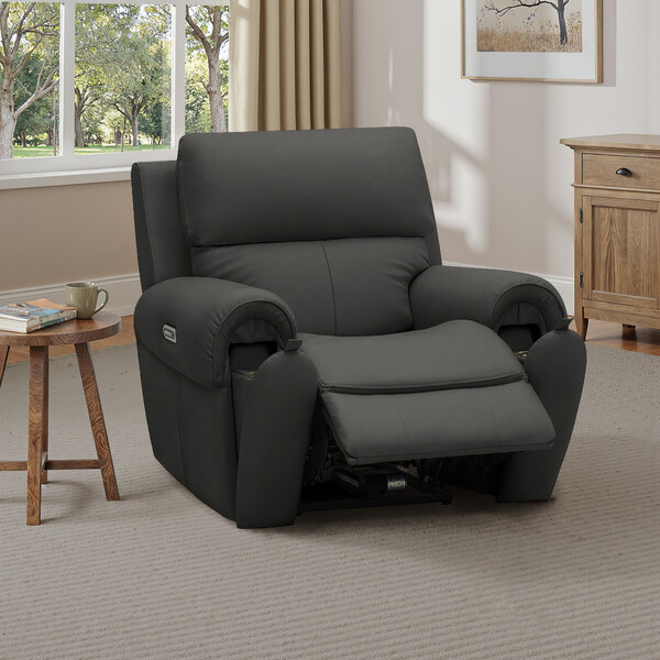 Storm Leather Sofas - Electric Recliner Armchair with Power Headrest  - Ezra Range - Oak Furnitureland
