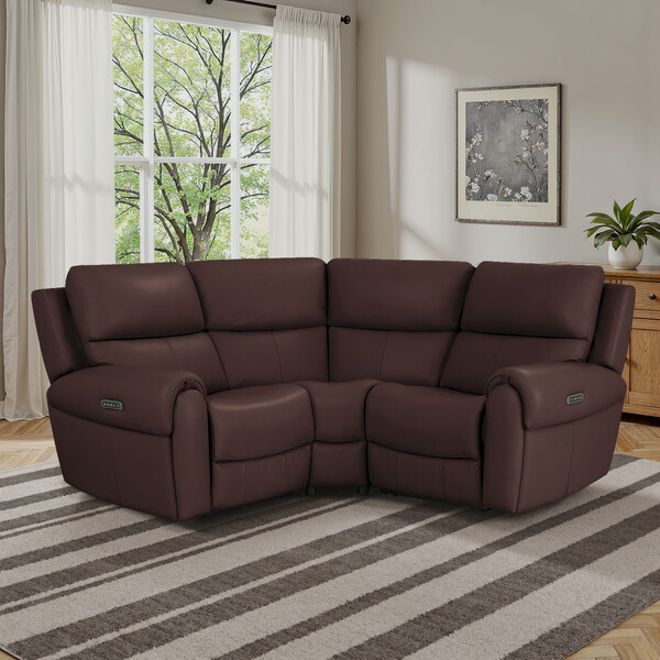 Chestnut Leather Sofas - Modular 3 Seat Corner Recliner - Ezra Range - Oak Furnitureland