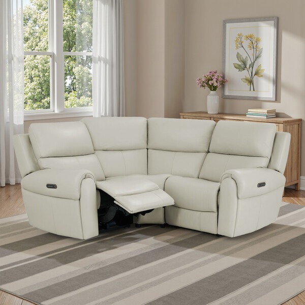 Bone China Leather Sofas - Modular 3 Seat Corner Recliner & Power Headrests - Ezra Range - Oak Furnitureland