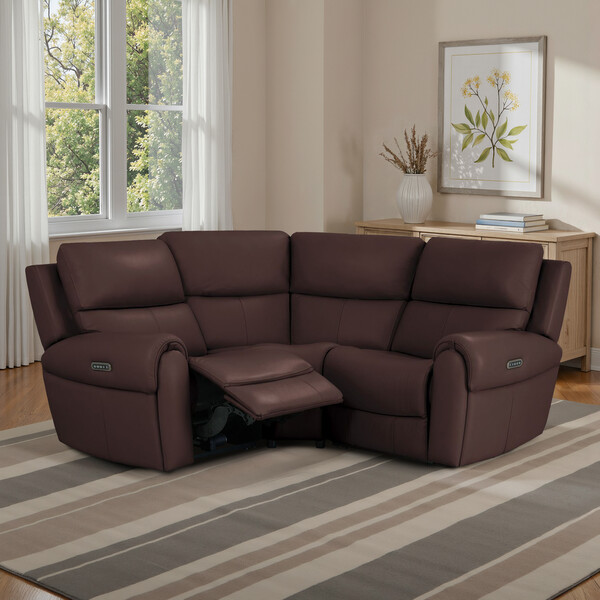 Chestnut Leather Sofas - Modular 3 Seat Corner Recliner & Power Headrests - Ezra Range - Oak Furnitureland