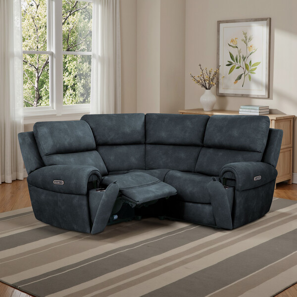 Dexter Shadow Fabric Sofas - Modular 3 Seat Corner Recliner & Power Headrests - Ezra Range - Oak Furnitureland