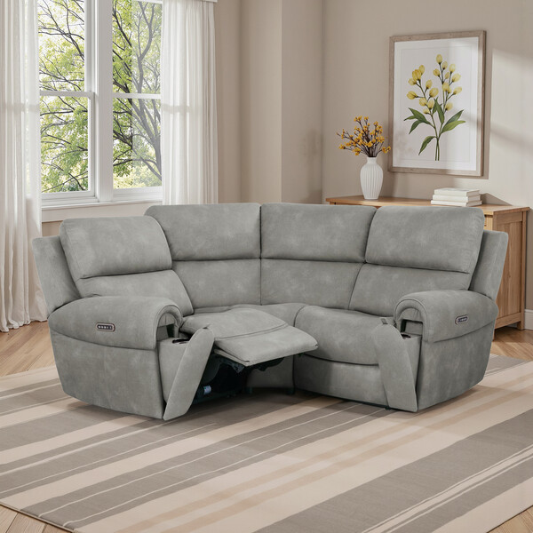 Dexter Stone Fabric Sofas - Modular 3 Seat Corner Recliner & Power Headrests - Ezra Range - Oak Furnitureland