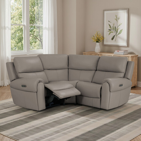 Oyster Leather Sofas - Modular 3 Seat Corner Recliner & Power Headrests - Ezra Range - Oak Furnitureland