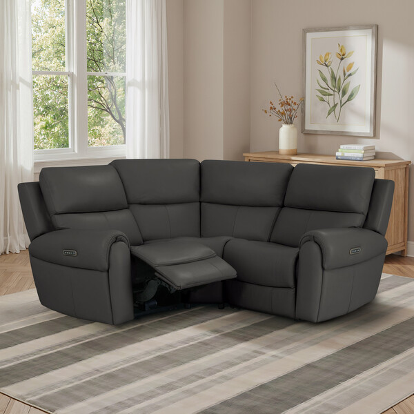 Storm Leather Sofas - Modular 3 Seat Corner Recliner & Power Headrests - Ezra Range - Oak Furnitureland