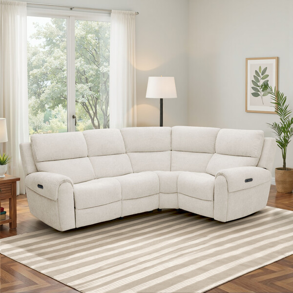 Hopsack Natural Fabric Sofas - Modular 4 Seat Left Hand Corner Recliner - Ezra Range - Oak Furnitureland