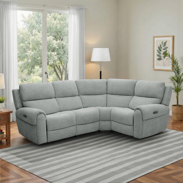 Hopsack Platinum Fabric Sofas - Modular 4 Seat Left Hand Corner Recliner - Ezra Range - Oak Furnitureland