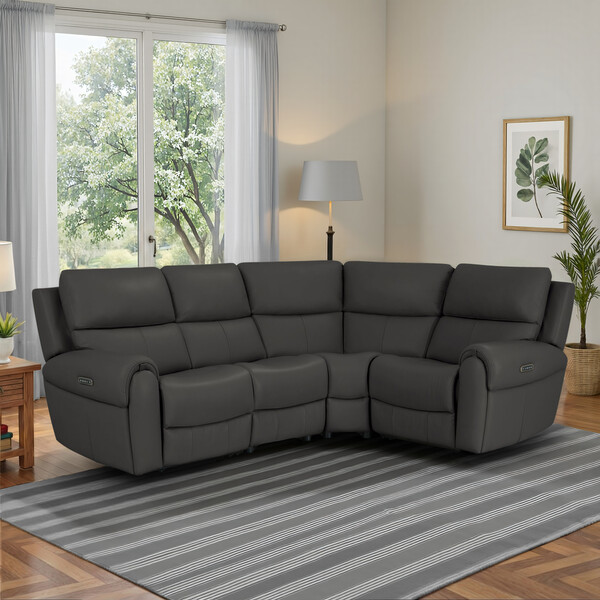 Storm Leather Sofas - Modular 4 Seat Left Hand Corner Recliner - Ezra Range - Oak Furnitureland