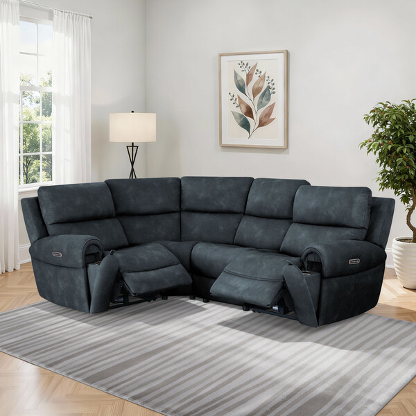 Dexter Shadow Fabric Sofas - Modular 4 Seat Right Hand Corner Recliner & Power Headrests - Ezra Range - Oak Furnitureland