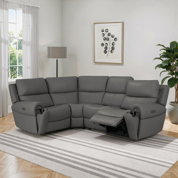 Elephant Grey Leather Sofas - Modular 4 Seat Right Hand Corner Recliner & Power Headrests - Ezra Range - Oak Furnitureland