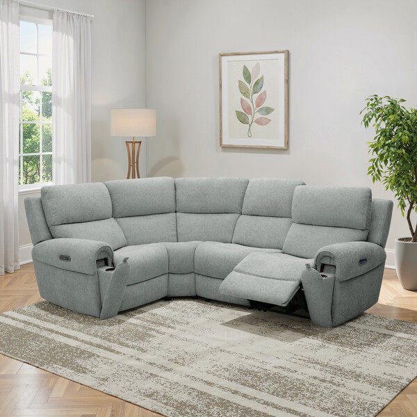 Hopsack Platinum Fabric Sofas - Modular 4 Seat Right Hand Corner Recliner & Power Headrests - Ezra Range - Oak Furnitureland