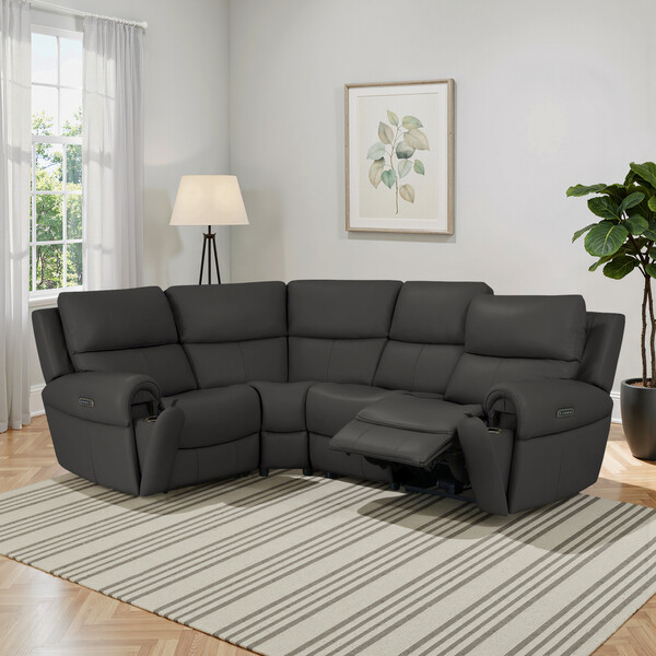 Storm Leather Sofas - Modular 4 Seat Right Hand Corner Recliner & Power Headrests - Ezra Range - Oak Furnitureland