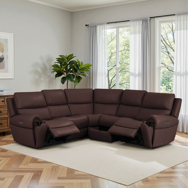 Chestnut Leather Sofas - Modular 5 Seat Corner Recliner  - Ezra Range - Oak Furnitureland