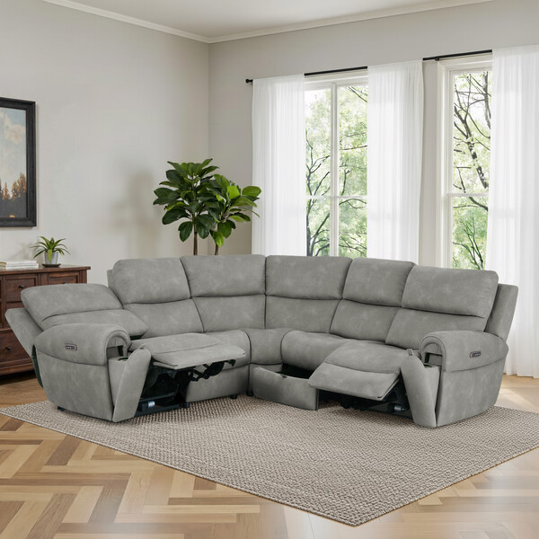 Dexter Stone Fabric Sofas - Modular 5 Seat Corner Recliner  - Ezra Range - Oak Furnitureland