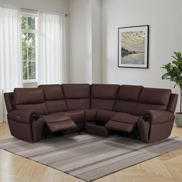 Chestnut Leather Sofas - Modular 5 Seat Corner Recliner & Power Headrests - Ezra Range - Oak Furnitureland