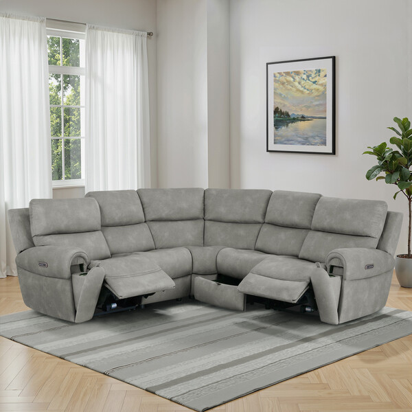 Dexter Stone Fabric Sofas - Modular 5 Seat Corner Recliner & Power Headrests - Ezra Range - Oak Furnitureland