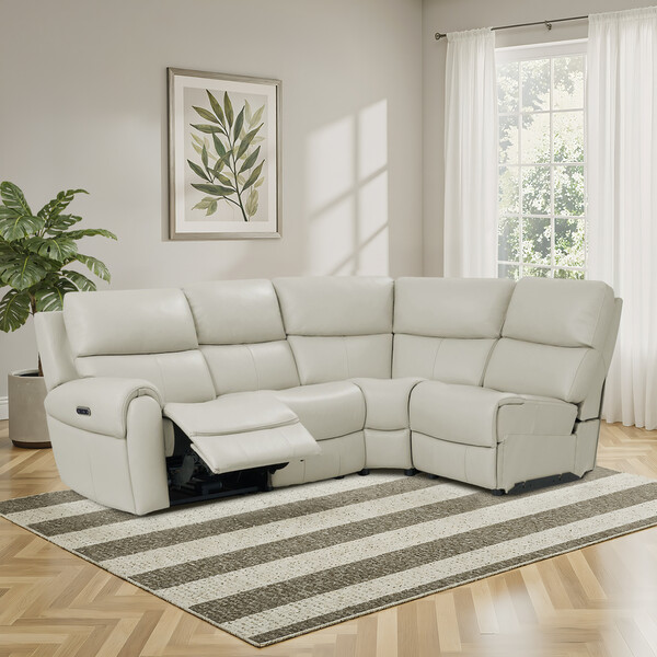 Bone China Leather Sofas - Modular 4 Seat Left Hand Corner Recliner - Ezra Range - Oak Furnitureland