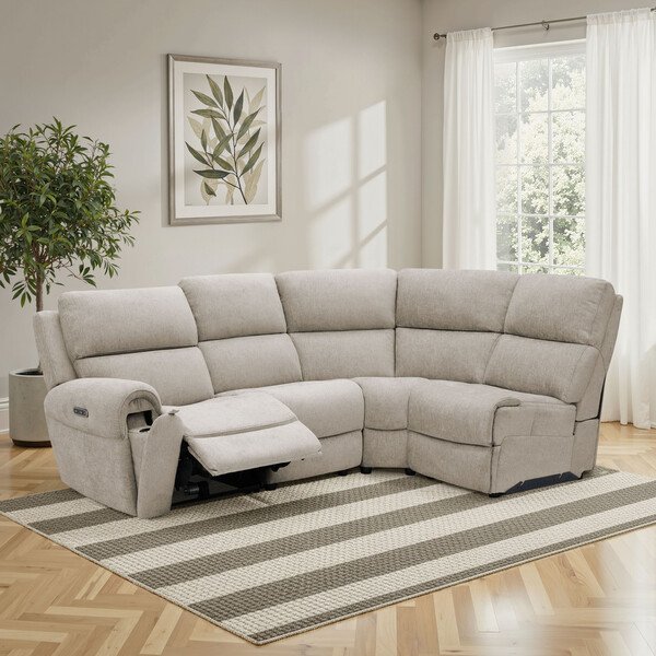 Darwin Mink Fabric Sofas - Modular 4 Seat Left Hand Corner Recliner - Ezra Range - Oak Furnitureland