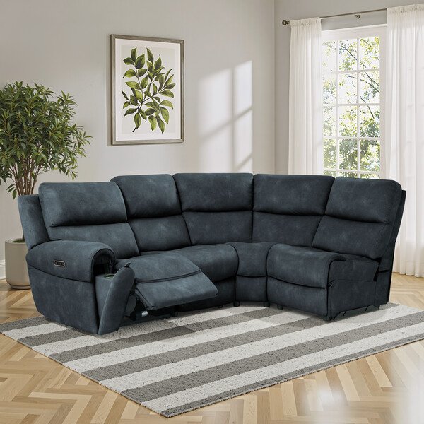 Dexter Shadow Fabric Sofas - Modular 4 Seat Left Hand Corner Recliner - Ezra Range - Oak Furnitureland
