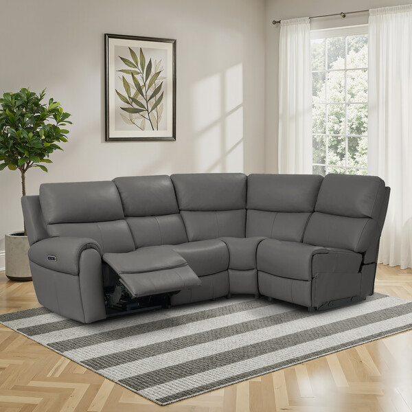 Elephant Grey Leather Sofas - Modular 4 Seat Left Hand Corner Recliner - Ezra Range - Oak Furnitureland