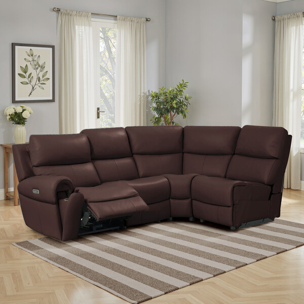 Chestnut Leather Sofas - Modular 4 Seat Left Hand Corner Recliner & Power Headrests - Ezra Range - Oak Furnitureland