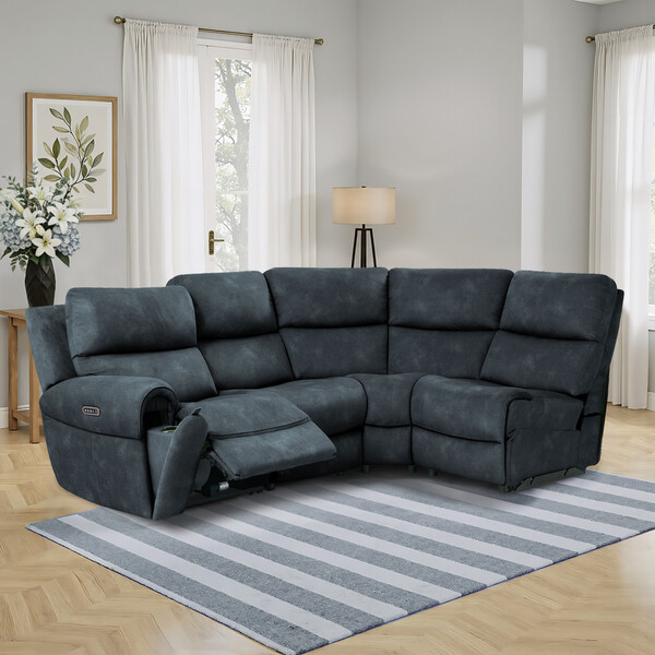 Dexter Shadow Fabric Sofas - Modular 4 Seat Left Hand Corner Recliner & Power Headrests - Ezra Range - Oak Furnitureland
