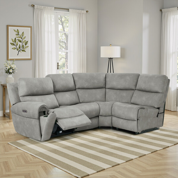 Dexter Stone Fabric Sofas - Modular 4 Seat Left Hand Corner Recliner & Power Headrests - Ezra Range - Oak Furnitureland