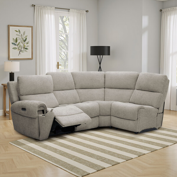 Hopsack Linen Fabric Sofas - Modular 4 Seat Left Hand Corner Recliner & Power Headrests - Ezra Range - Oak Furnitureland
