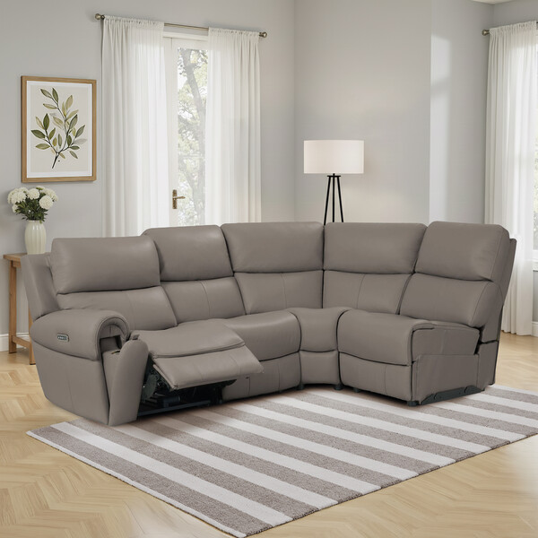 Oyster Leather Sofas - Modular 4 Seat Left Hand Corner Recliner & Power Headrests - Ezra Range - Oak Furnitureland