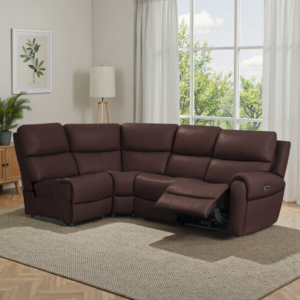 Chestnut Leather Sofas - Modular 4 Seat Right Hand Corner Recliner - Ezra Range - Oak Furnitureland
