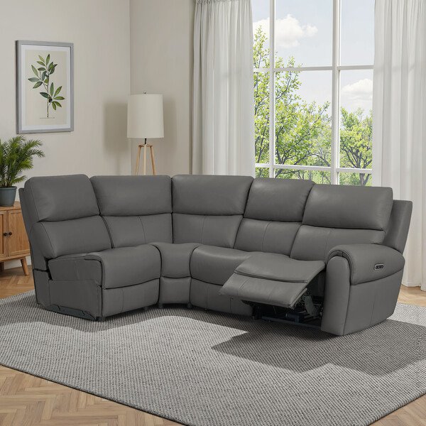 Elephant Grey Leather Sofas - Modular 4 Seat Right Hand Corner Recliner - Ezra Range - Oak Furnitureland