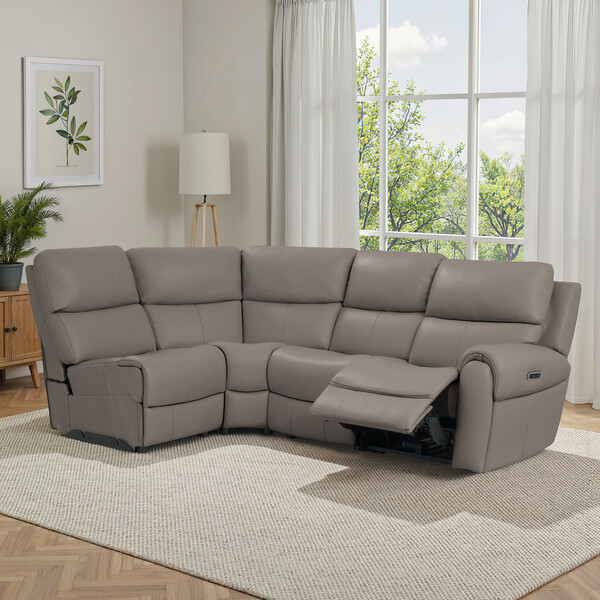 Oyster Leather Sofas - Modular 4 Seat Right Hand Corner Recliner - Ezra Range - Oak Furnitureland