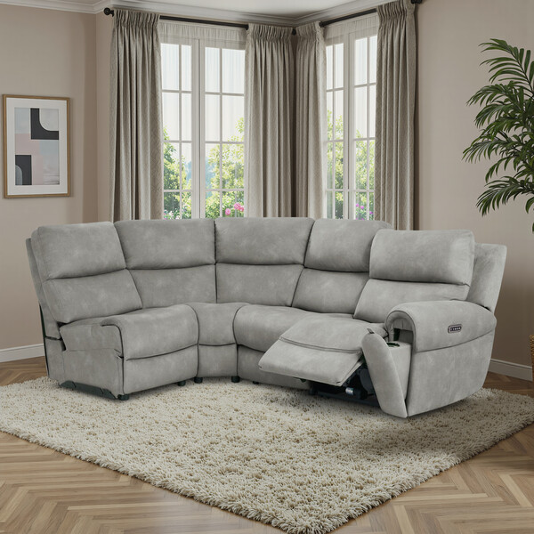 Dexter Stone Fabric Sofas - Modular 4 Seat Right Hand Corner Recliner & Power Headrests - Ezra Range - Oak Furnitureland
