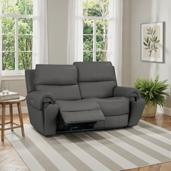 Elephant Grey Leather Sofas - Modular 2 Seat Recliner & Power Headrests - Ezra Range - Oak Furnitureland