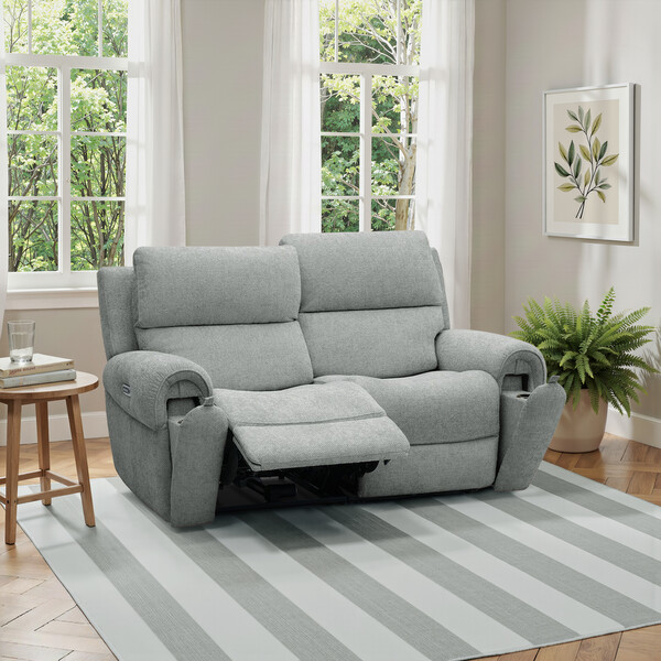Hopsack Platinum Fabric Sofas - Modular 2 Seat Recliner & Power Headrests - Ezra Range - Oak Furnitureland