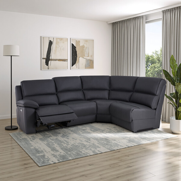 Black Leather Sofas - Modular 4 Seat Left Hand Corner Recliner - Goodwood Range - Oak Furnitureland
