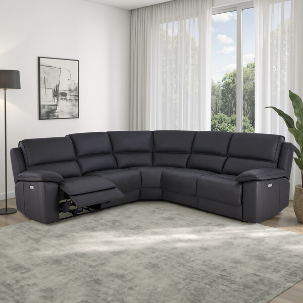 Black Leather Sofas - Modular 5 Seat Corner Recliner - Goodwood Range - Oak Furnitureland