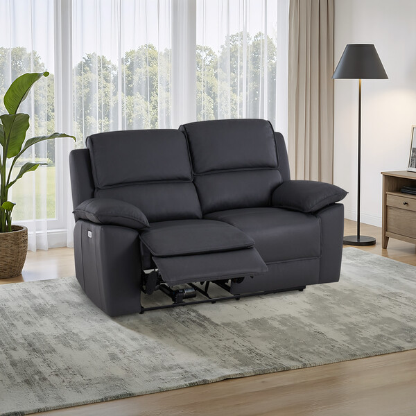 Black Leather Sofas - 2 Seater Electric Recliner Sofa - Goodwood Range - Oak Furnitureland