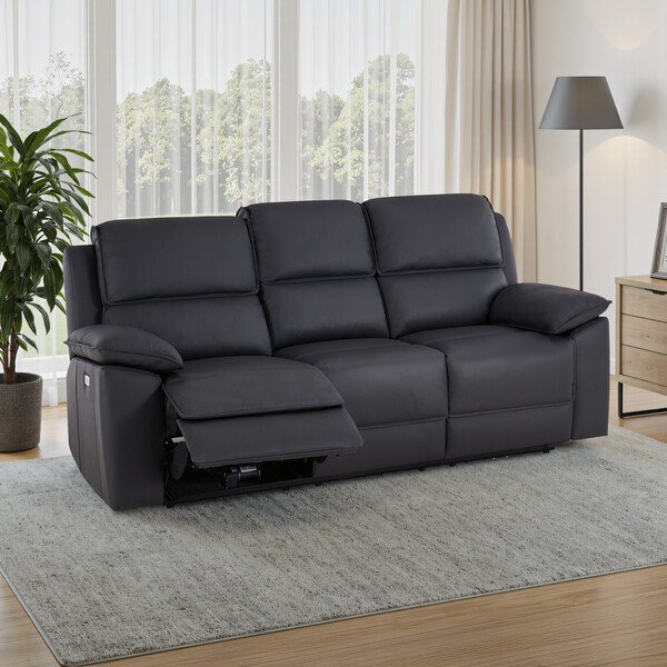Black Leather Sofas - 3 Seater Electric Recliner Sofa - Goodwood Range - Oak Furnitureland