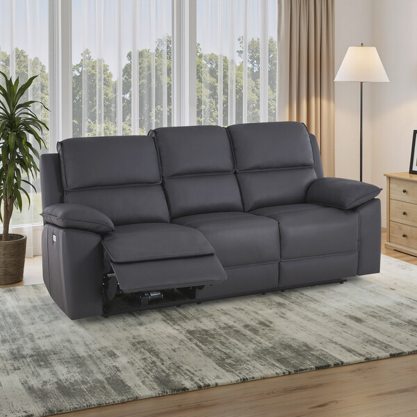 Dark Grey Leather Sofas - 3 Seater Electric Recliner Sofa - Goodwood Range - Oak Furnitureland