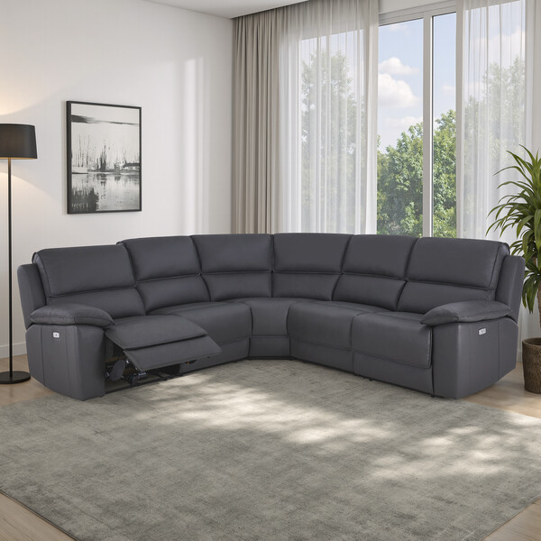 Dark Grey Leather Sofas - Modular 5 Seat Corner Recliner - Goodwood Range - Oak Furnitureland